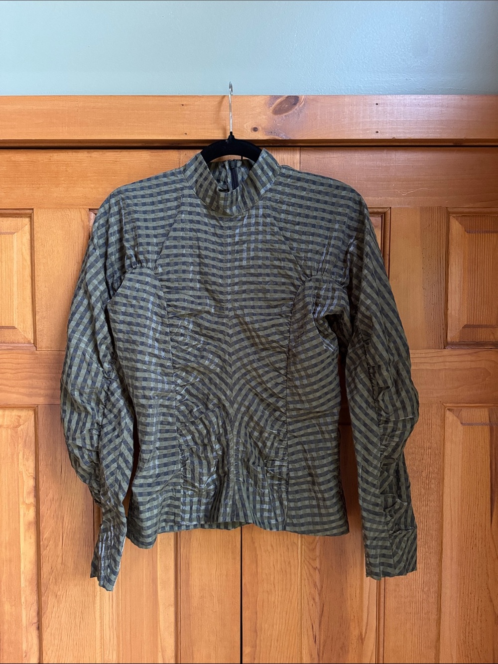Ganni Olive Green taffeta mock neck Shirt